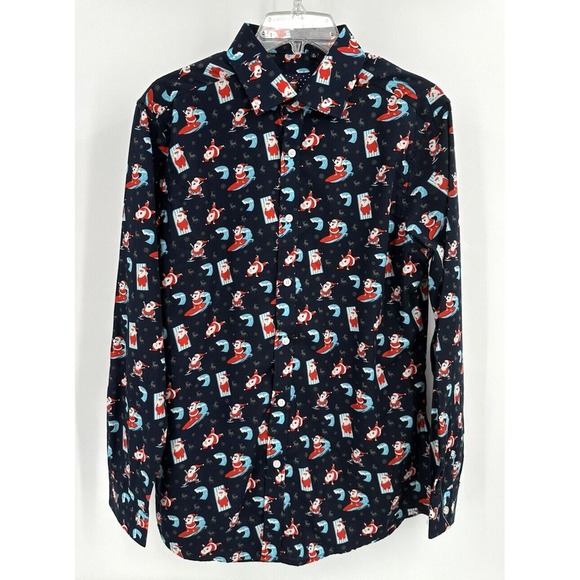 SIMON BANKS SURFING SANTA BUTTON FRONT‎ CHRISTMAS SHIRT Men's Size Medium Blue - Picture 2 of 4